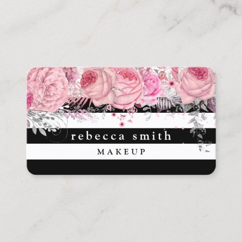 Stylish pink floral black white stripes makeup business card