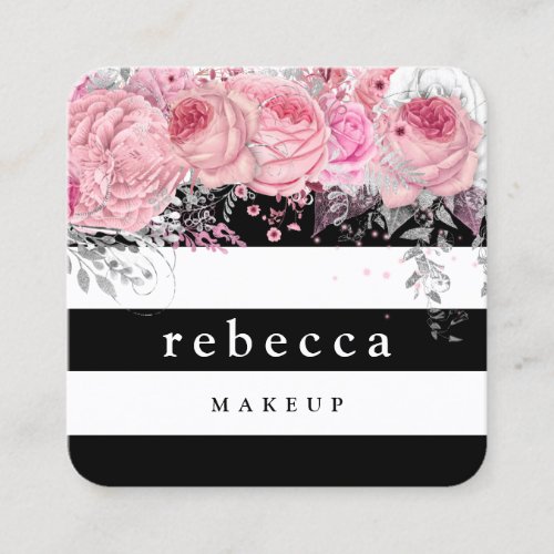 Stylish pink floral black white stripes makeup square business card