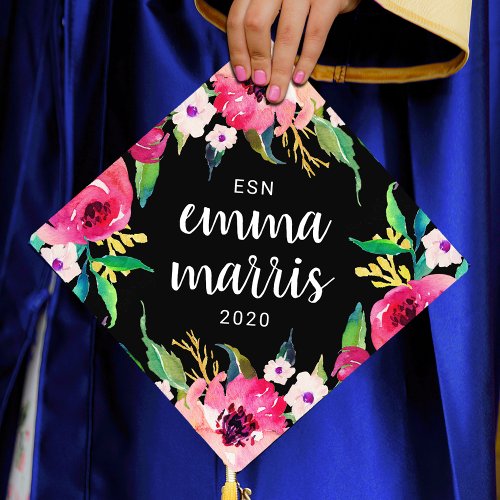 Stylish Pink Floral Custom Name and Class Year Graduation Cap Topper