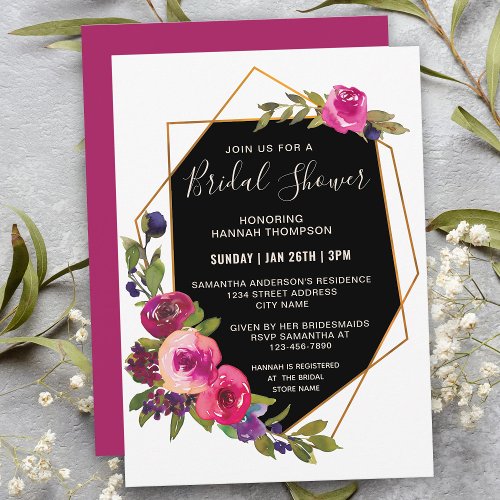 Stylish Pink Floral Geometric Frame Bridal Shower Invitation