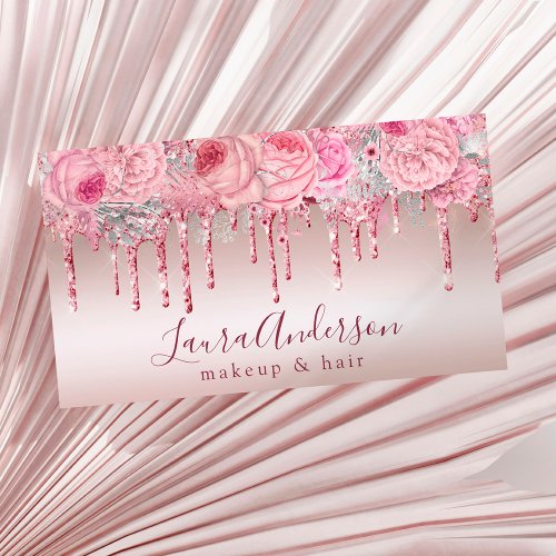Stylish pink floral glitter drips makeup  hair business card