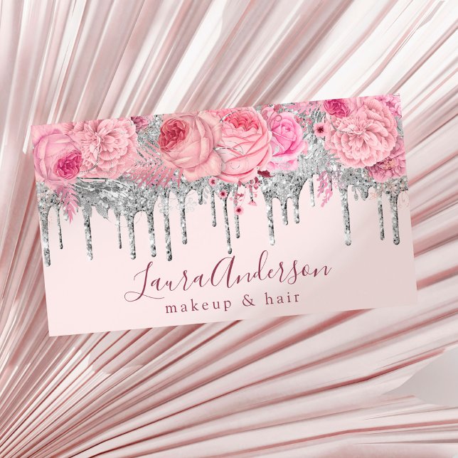Stylish pink floral glitter drips makeup & hair  business card (Creator Uploaded)