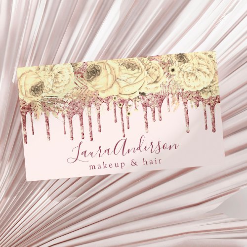 Stylish pink floral glitter drips makeup  hair  business card