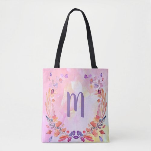 Stylish Pink Floral Monogram Design Tote Bag