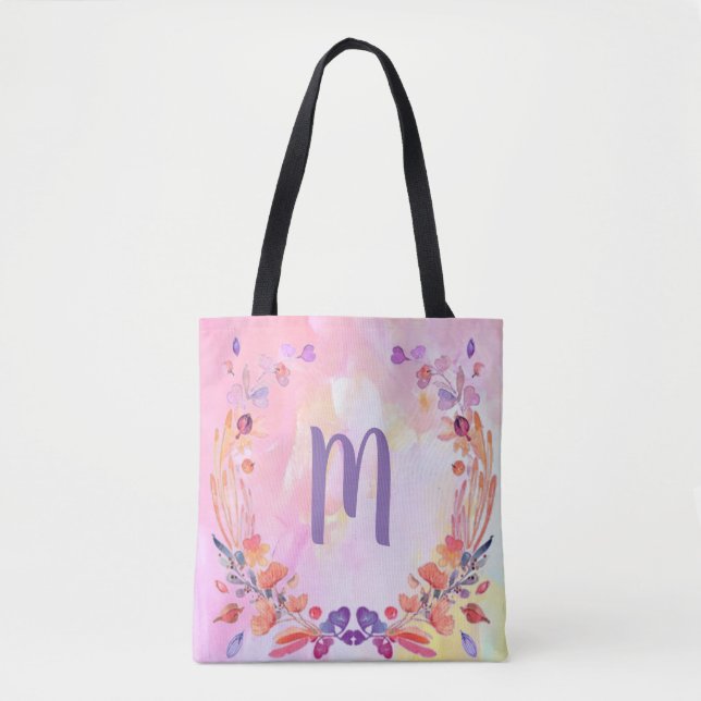 Stylish Pink Floral Monogram Design Tote Bag (Front)