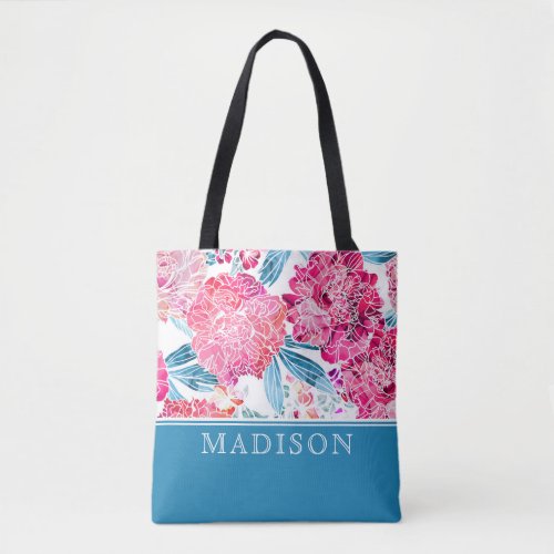 Stylish Pink Floral Pattern Chic Personalized Name Tote Bag