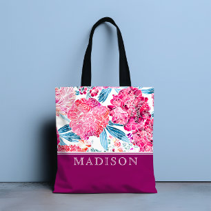 Stylish Pink Floral Pattern Chic Personalized Name Tote Bag
