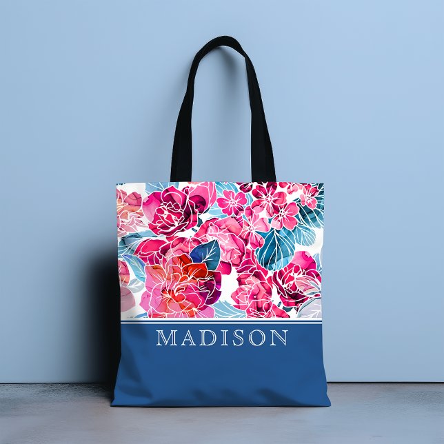 Stylish Pink Floral Pattern Chic Personalized Name Tote Bag (Creator Uploaded)