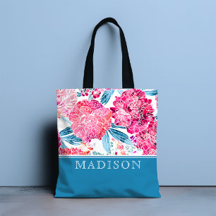 Stylish Pink Floral Pattern Chic Personalized Name Tote Bag