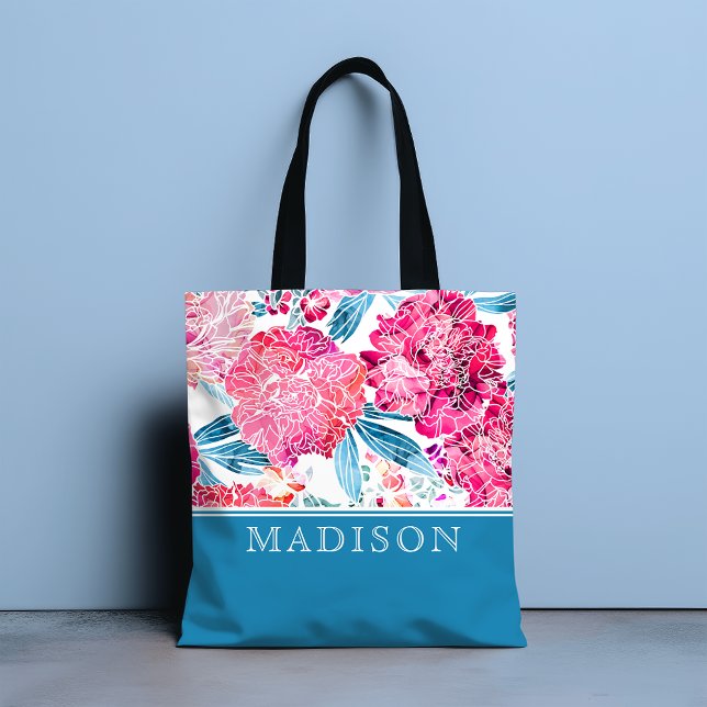 Stylish Pink Floral Pattern Chic Personalized Name Tote Bag (Creator Uploaded)