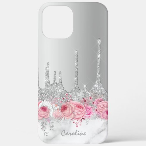 Stylish pink floral silver glitter drips marble iPhone 12 pro max case