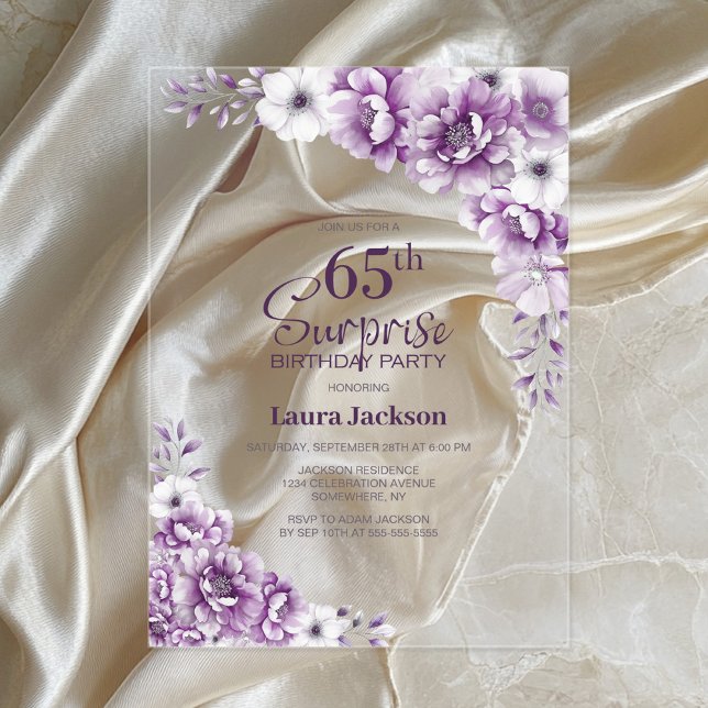 Stylish Pink Floral Surprise 65th Birthday Party Acrylic Invitations (Creator Uploaded)