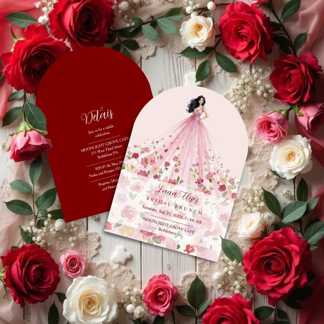 Stylish Pink Floral Tulle Model Bridal Shower Invitation (Stylish Pink Floral Tulle Bridal Shower Invitation Featuring Watercolor Effect Woman Illustration.)