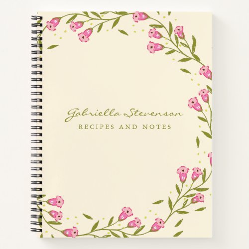 Stylish Pink Floral Wreath Custom Name Recipe Notebook