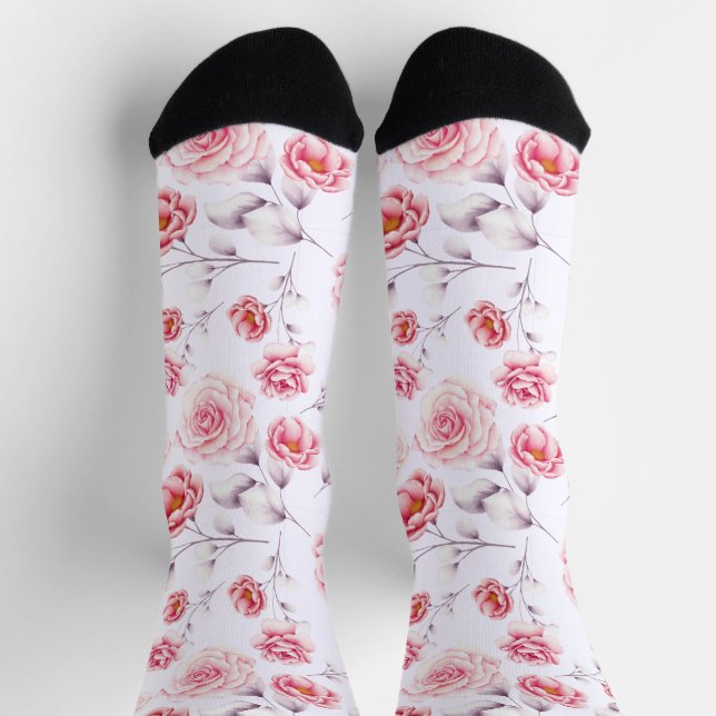 Stylish Pink Flowers Chic Pattern Colorful Socks (Top)