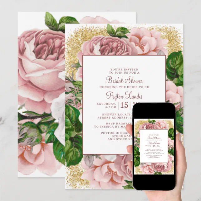 Stylish Pink Flowers Gold Glitter Bridal Shower Invitation Zazzle