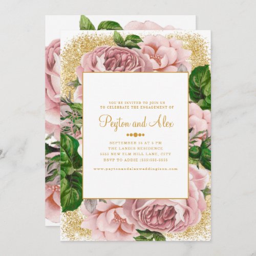 Stylish Pink Flowers Gold Glitter Engagement Party Invitation