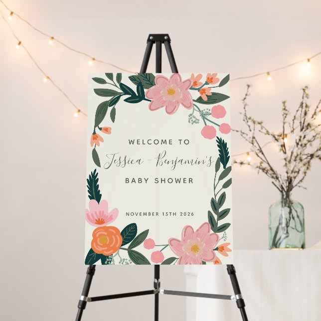 Stylish Pink Garden Floral Baby Shower Welcome Foam Board (In Situ (Stand))