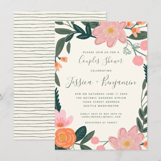 Stylish Pink Garden Floral Couples Shower  Invitation (Front/Back)