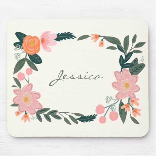 Stylish Pink Garden Floral Personalized Mouse Pad