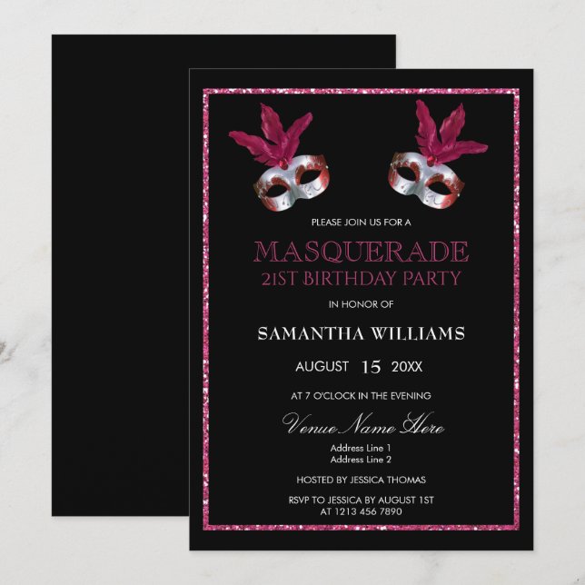 Stylish Pink Glitter Masquerade 21st Birthday Invitation (Front/Back)
