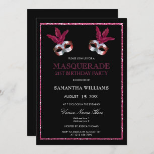 Stylish Pink Glitter Masquerade 21st Birthday Invitation