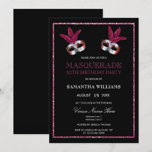 Stylish Pink Glitter Masquerade 50th Birthday Invitation