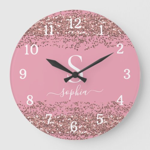 Stylish Pink Glitter Monogram Script Name Large Clock
