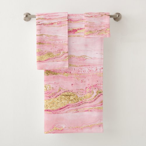 Stylish Pink Gold Abstract Marble Liquid Paint Bath Towel Set