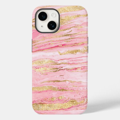 Stylish Pink Gold Abstract Marble Liquid Paint Case_Mate iPhone 14 Case