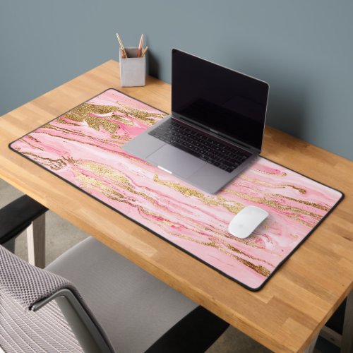 Stylish Pink Gold Abstract Marble Liquid Paint Desk Mat