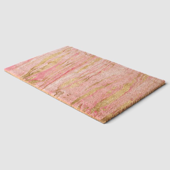 Stylish Pink Gold Abstract Marble Liquid Paint Fiber Doormat (Corner)