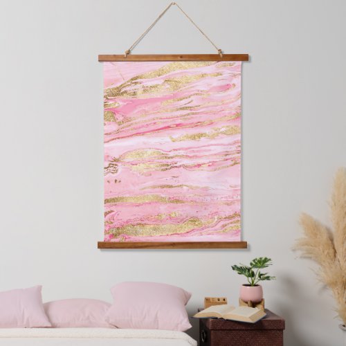 Stylish Pink Gold Abstract Marble Liquid Paint Hanging Tapestry