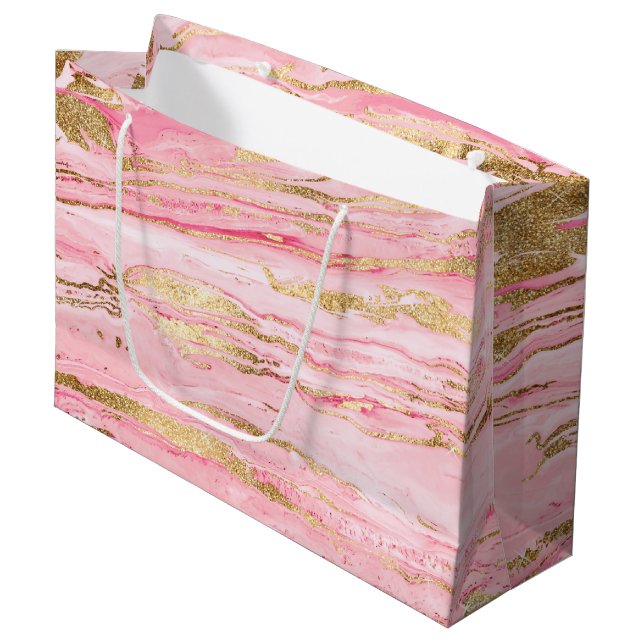 Stylish Pink Gold Abstract Marble Liquid Paint Large Gift Bag (Front Angled)