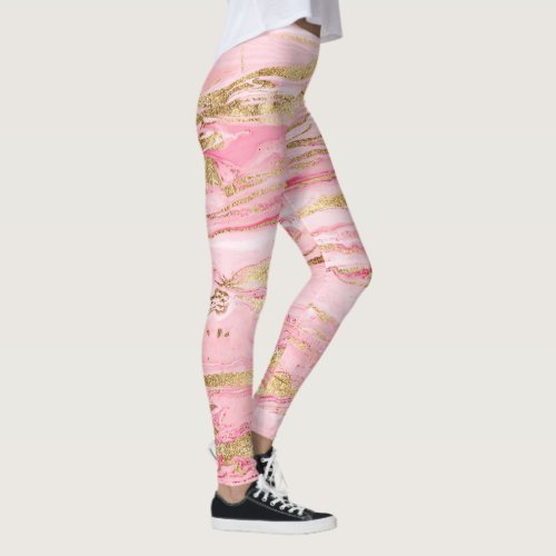Stylish Pink Gold Abstract Marble Liquid Paint Leggings