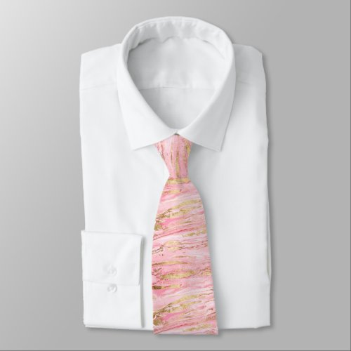 Stylish Pink Gold Abstract Marble Liquid Paint Neck Tie