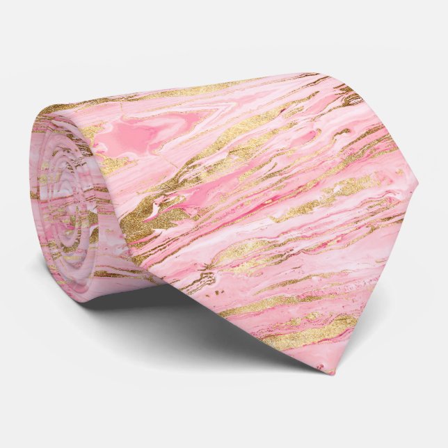 Stylish Pink Gold Abstract Marble Liquid Paint Neck Tie (Rolled)