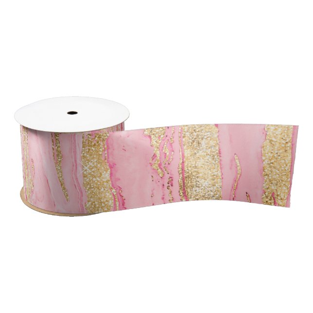 Stylish Pink Gold Abstract Marble Liquid Paint Satin Ribbon (Spool)
