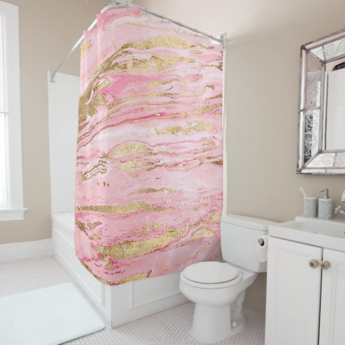 Stylish Pink Gold Abstract Marble Liquid Paint Shower Curtain