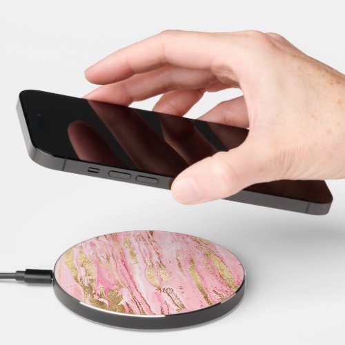 Stylish Pink Gold Abstract Marble Liquid Paint Wireless Charger
