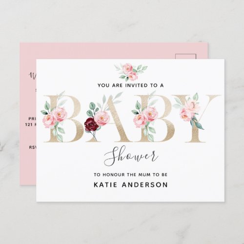 Stylish Pink Gold Floral Baby Shower Postcard