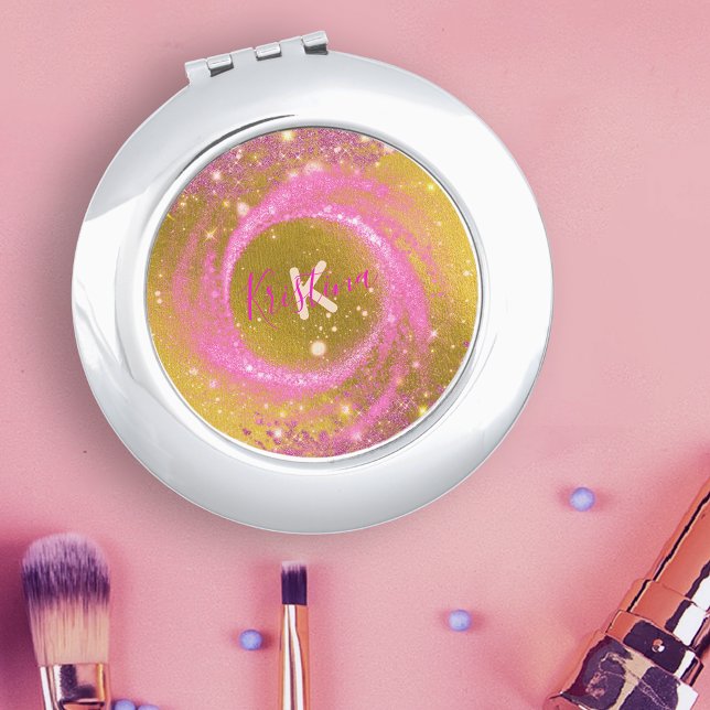  Stylish Pink Gold Glitter Galaxy Swirl Monogram Compact Mirror (Creator Uploaded)