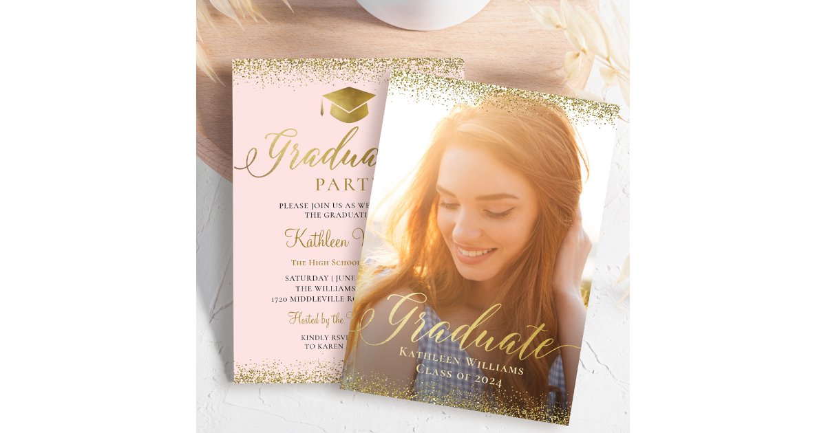 Stylish Pink Gold Glitter Photo Graduation Party Invitation | Zazzle