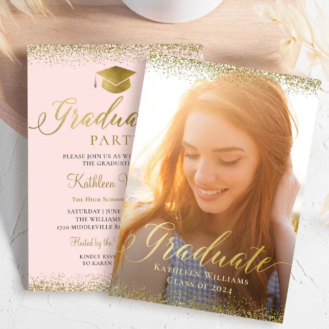 Stylish Pink Gold Glitter Photo Graduation Party Invitation | Zazzle