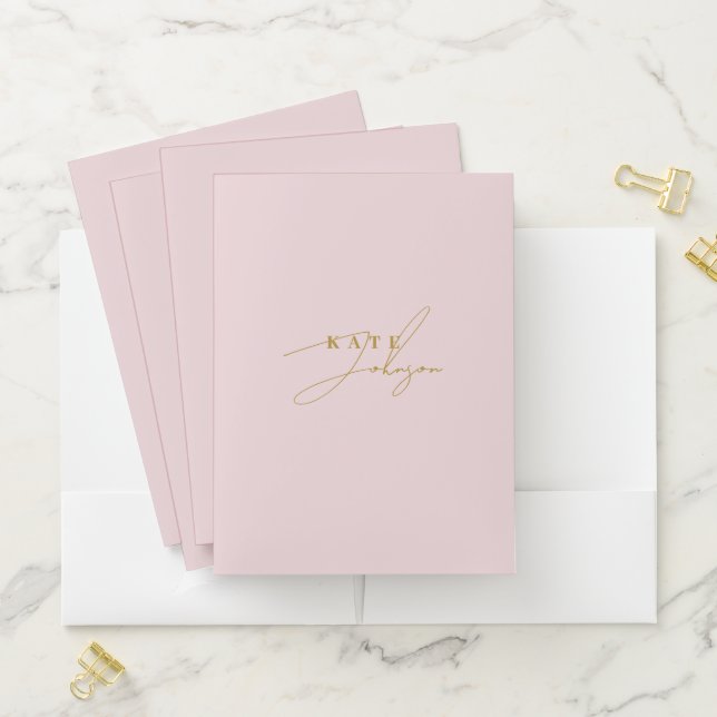 Stylish Pink Gold Signature Script Monogram Pocket Folder (In Situ)