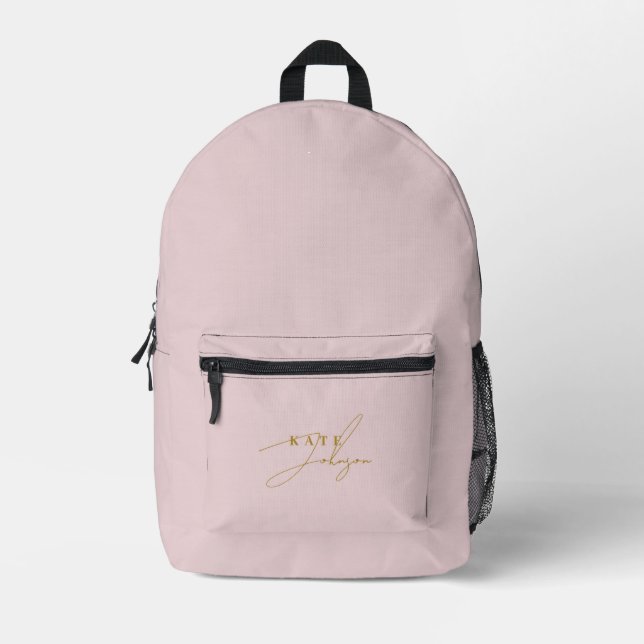 Stylish Pink Gold Signature Script Monogram Printed Backpack (Front)