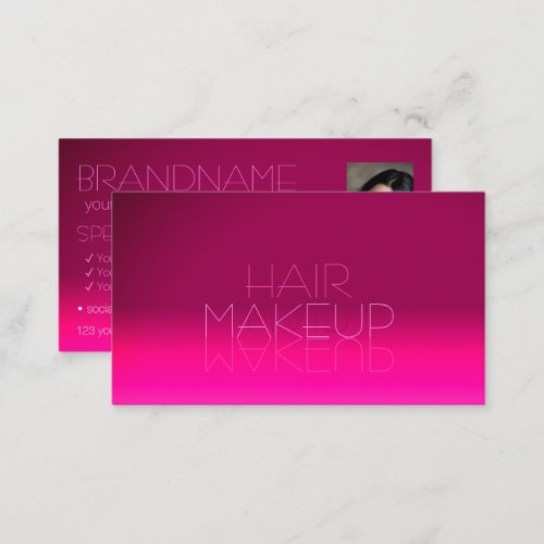 Stylish Pink Gradient Chic Mirror Font with Photo Business Card