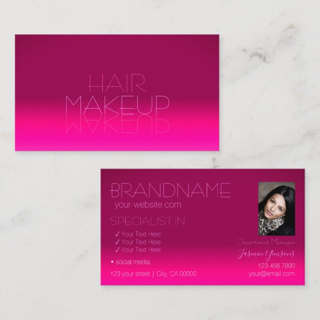 Stylish Pink Gradient Chic Mirror Font with Photo Business Card (Front/Back)