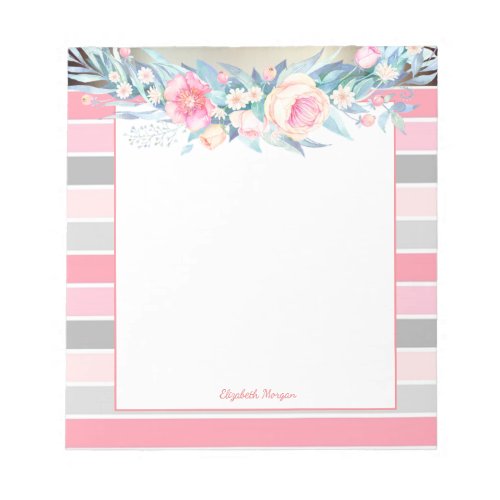 Stylish Pink Gray  StripesWatercolor Flowers Notepad