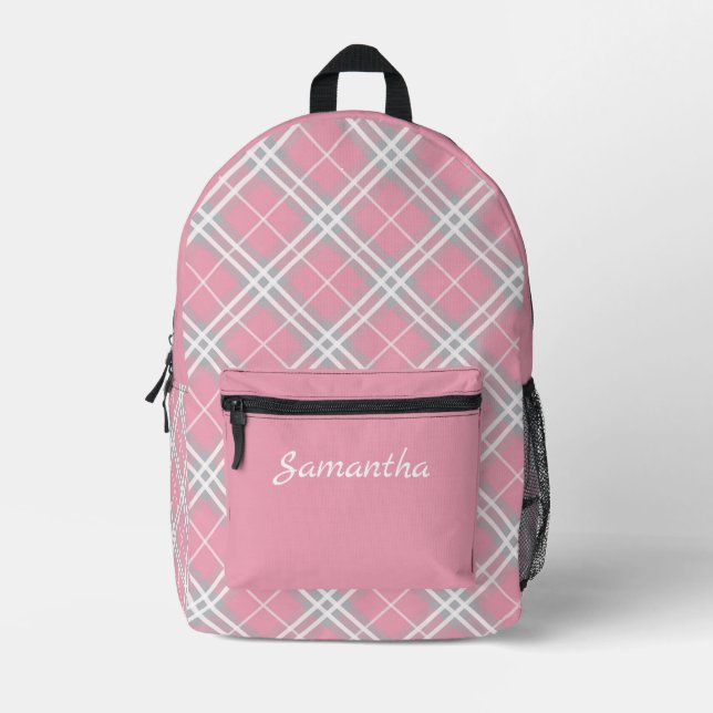 Stylish Pink & Gray Tartan Pattern Personalized Printed Backpack (Front)